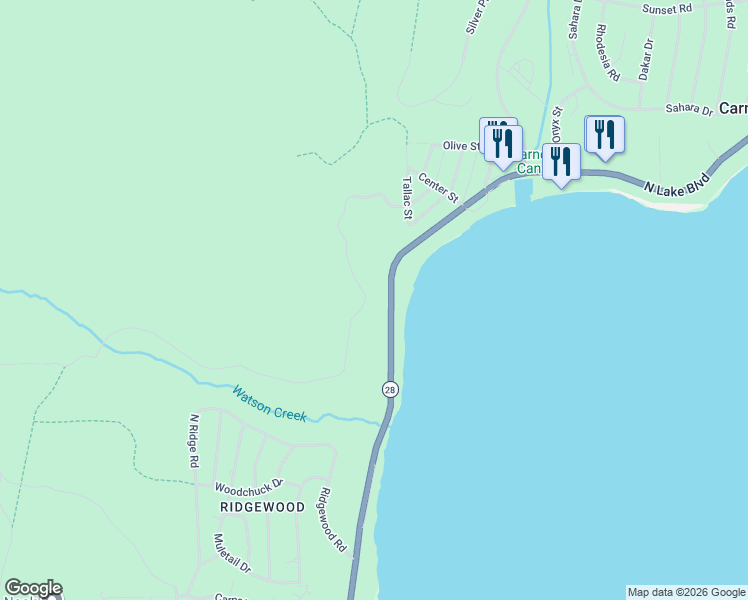map of restaurants, bars, coffee shops, grocery stores, and more near 4798 North Lake Boulevard in Carnelian Bay
