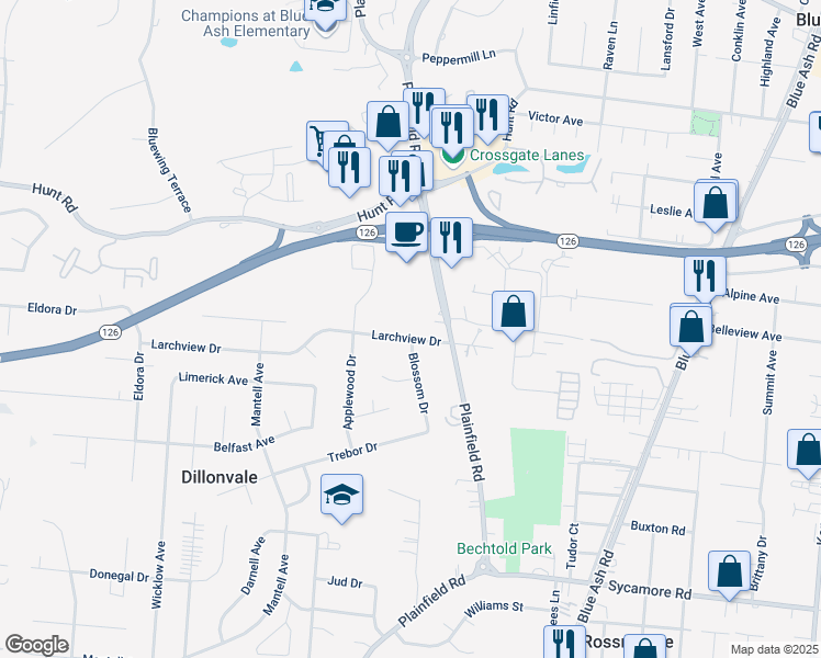 map of restaurants, bars, coffee shops, grocery stores, and more near 8978 Blossom Drive in Cincinnati