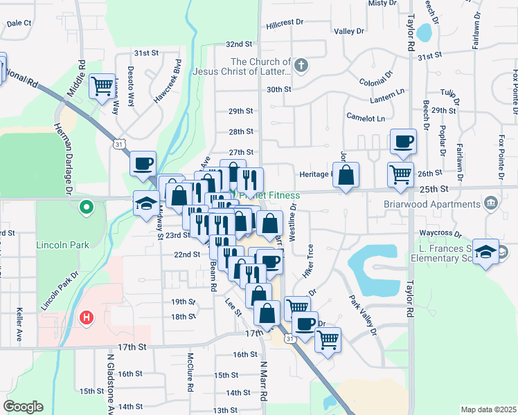 map of restaurants, bars, coffee shops, grocery stores, and more near 2310 Sims Court in Columbus