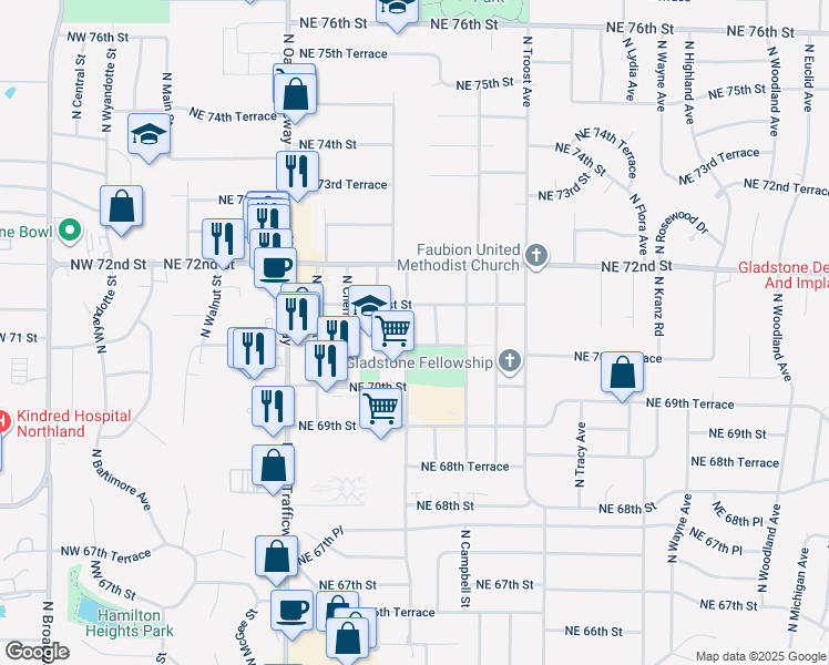 map of restaurants, bars, coffee shops, grocery stores, and more near 708 Northeast 70th Terrace in Gladstone