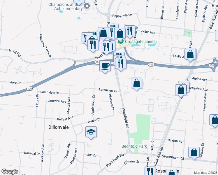 map of restaurants, bars, coffee shops, grocery stores, and more near 8978 Blossom Drive in Cincinnati