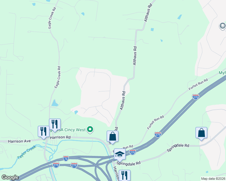 map of restaurants, bars, coffee shops, grocery stores, and more near 7820 Austin Ridge Drive in Cincinnati
