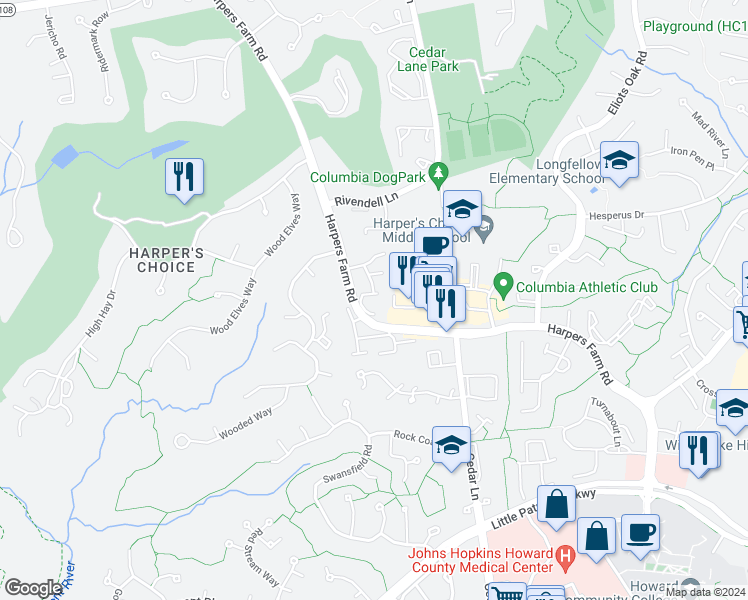 map of restaurants, bars, coffee shops, grocery stores, and more near 5453 El Camino in Columbia