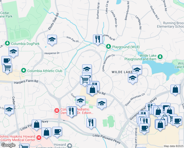 map of restaurants, bars, coffee shops, grocery stores, and more near 10478 Faulkner Ridge Circle in Columbia