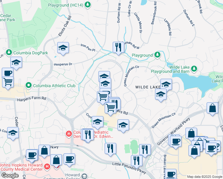 map of restaurants, bars, coffee shops, grocery stores, and more near 10474 Faulkner Ridge Circle in Columbia