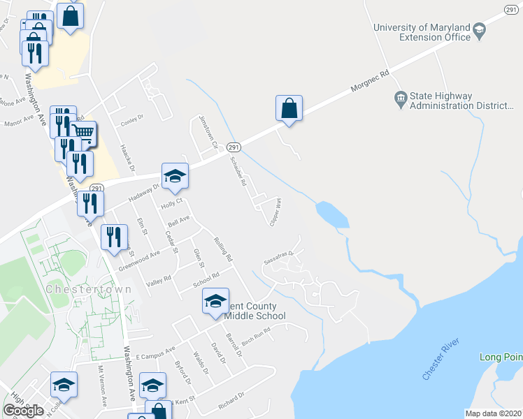 map of restaurants, bars, coffee shops, grocery stores, and more near 83 Clipper Way in Chestertown