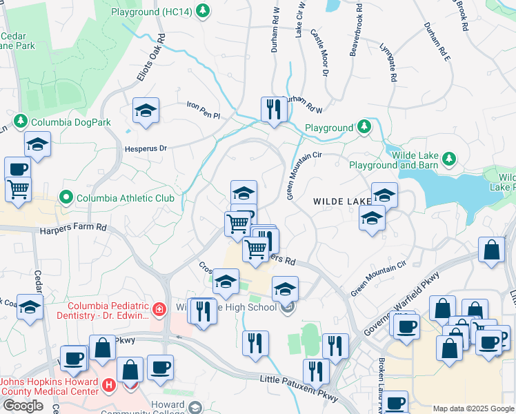 map of restaurants, bars, coffee shops, grocery stores, and more near 10534 Faulkner Ridge Circle in Columbia