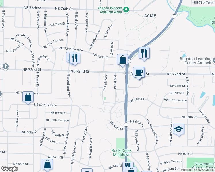 map of restaurants, bars, coffee shops, grocery stores, and more near 7101 North Park Avenue in Gladstone