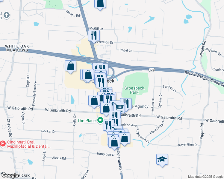 map of restaurants, bars, coffee shops, grocery stores, and more near 8340 Colerain Avenue in Cincinnati