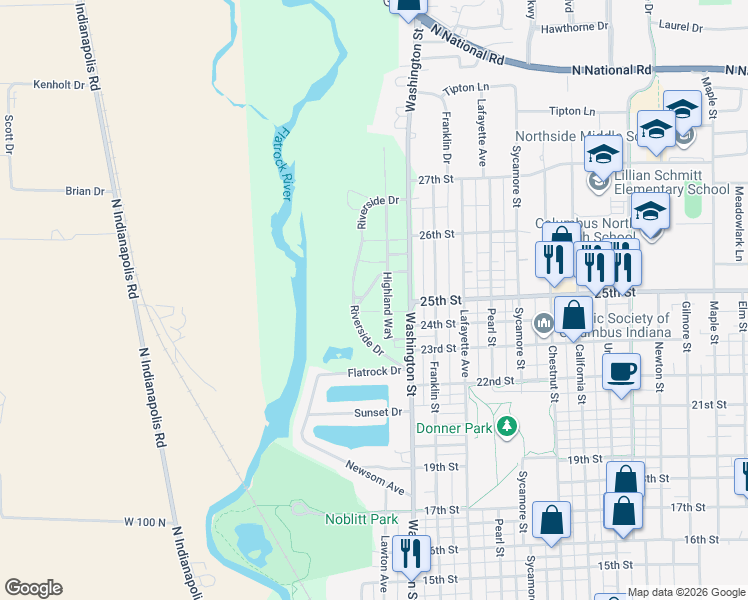 map of restaurants, bars, coffee shops, grocery stores, and more near 2407 Riverside Drive in Columbus