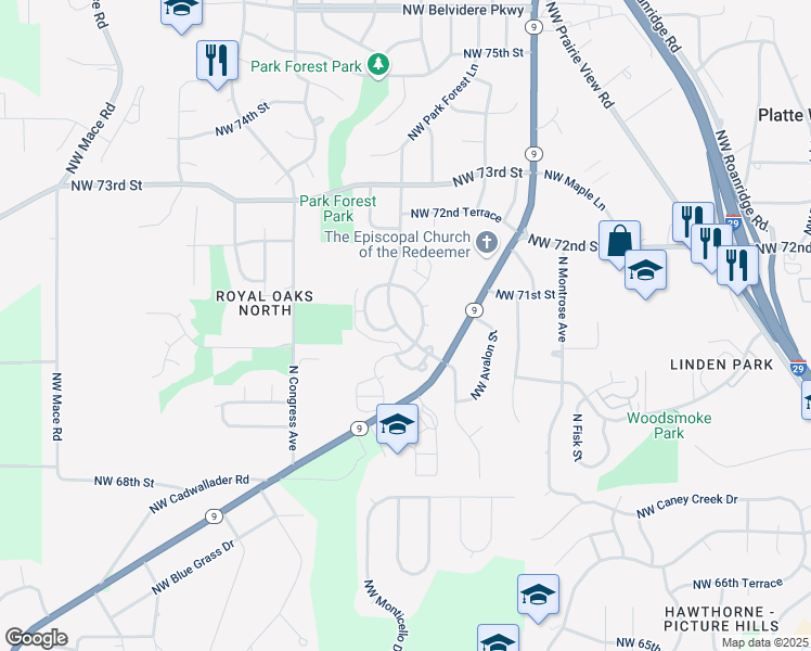 map of restaurants, bars, coffee shops, grocery stores, and more near 7028 Northwest Winter Avenue in Kansas City