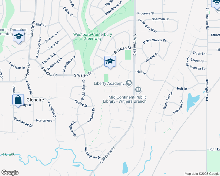 map of restaurants, bars, coffee shops, grocery stores, and more near 1288 Blackberry Drive in Liberty
