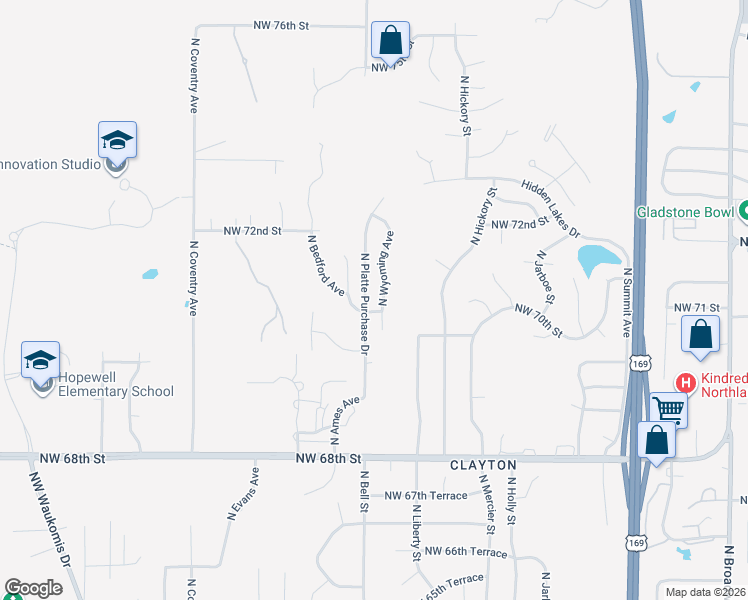 map of restaurants, bars, coffee shops, grocery stores, and more near 7104 North Wyoming Avenue in Kansas City