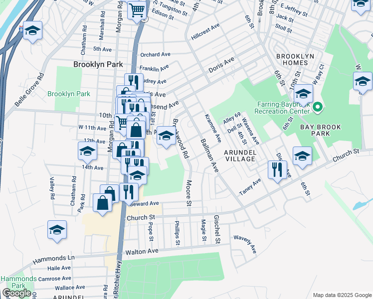 map of restaurants, bars, coffee shops, grocery stores, and more near 5201 Brookwood Road in Baltimore