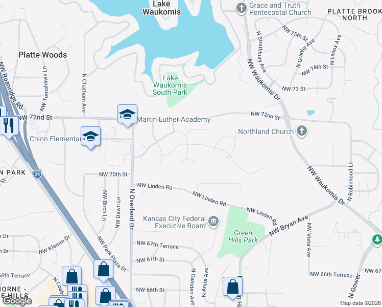 map of restaurants, bars, coffee shops, grocery stores, and more near 4708 Northwest Gleason Road in Kansas City