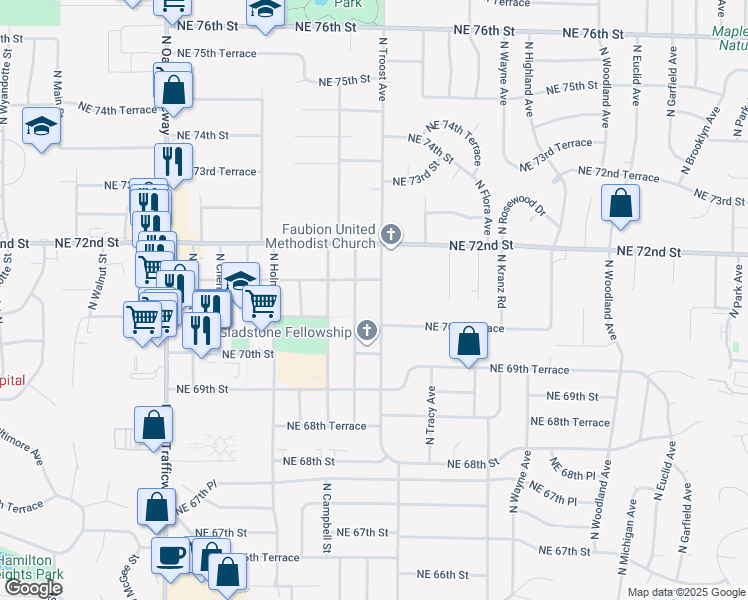 map of restaurants, bars, coffee shops, grocery stores, and more near 7020 North Troost Avenue in Kansas City