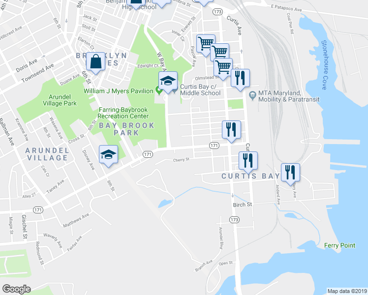 map of restaurants, bars, coffee shops, grocery stores, and more near Church Street in Baltimore