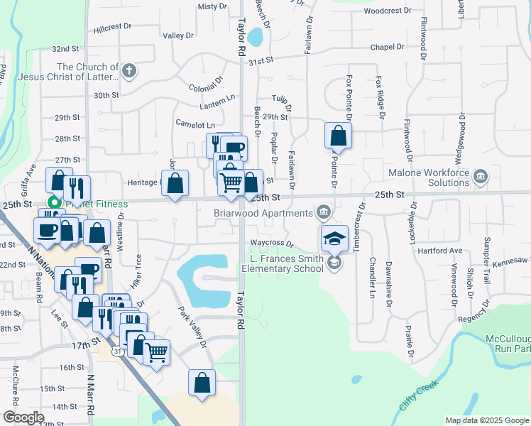map of restaurants, bars, coffee shops, grocery stores, and more near 4070 25th Street in Columbus