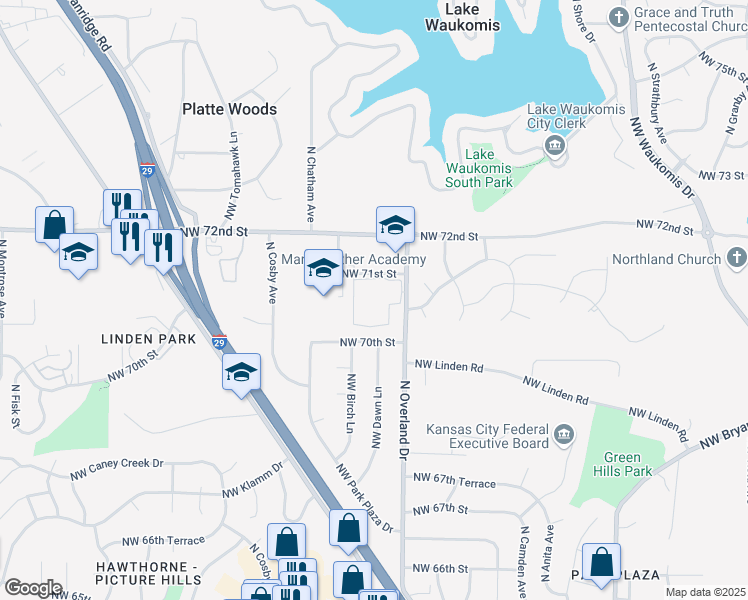 map of restaurants, bars, coffee shops, grocery stores, and more near 5527 Dawn Lane in Kansas City