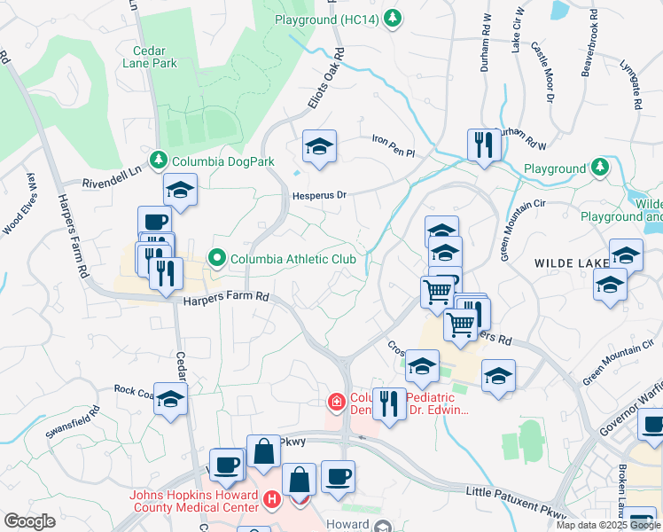 map of restaurants, bars, coffee shops, grocery stores, and more near 5681 Harpers Farm Road in Columbia