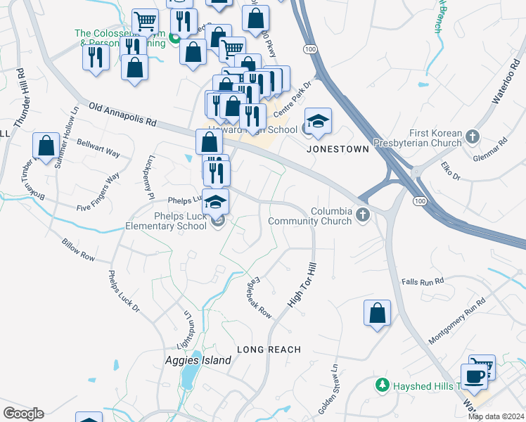 map of restaurants, bars, coffee shops, grocery stores, and more near 5407 Watercress Place in Columbia
