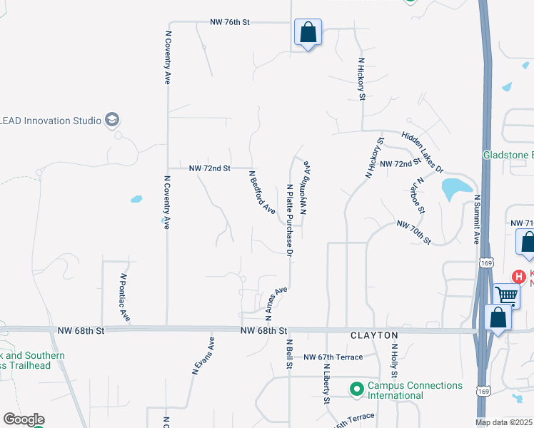 map of restaurants, bars, coffee shops, grocery stores, and more near 7104 North Bedford Avenue in Kansas City