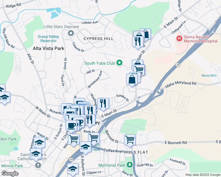 map of restaurants, bars, coffee shops, grocery stores, and more near 131 Eureka Street in Grass Valley
