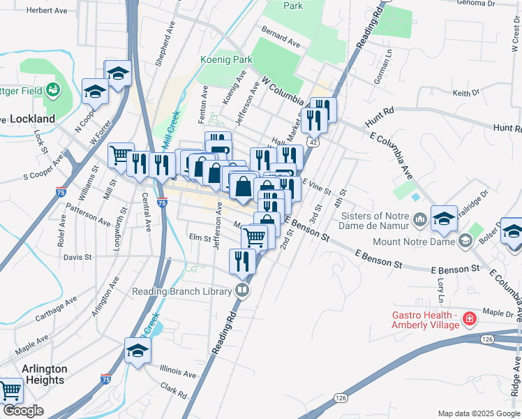 map of restaurants, bars, coffee shops, grocery stores, and more near in Reading