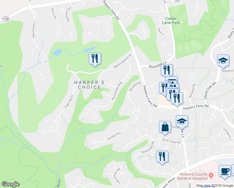 map of restaurants, bars, coffee shops, grocery stores, and more near 11109 Wood Elves Way in Columbia