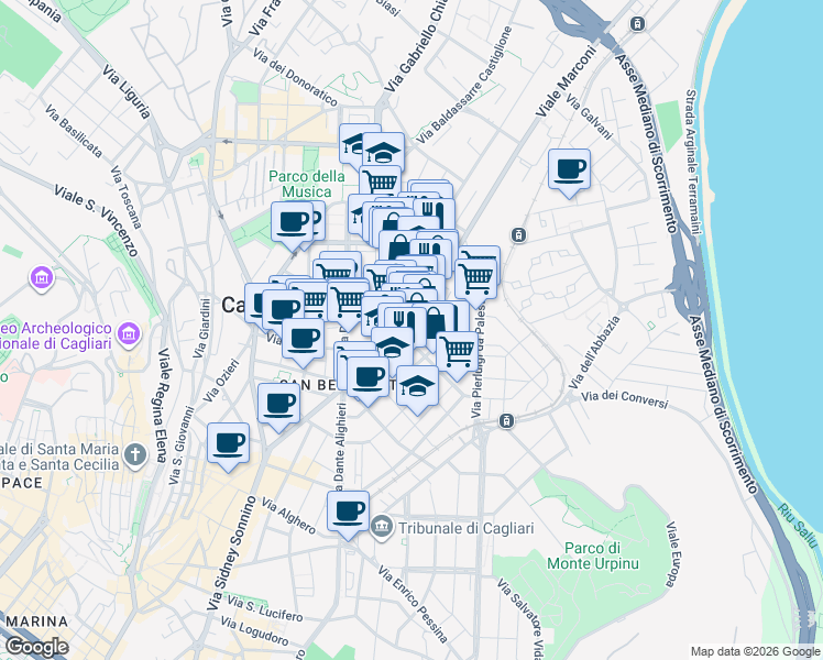 map of restaurants, bars, coffee shops, grocery stores, and more near 17 ኒኮሎ ማኪአቬሊ መንገድ in Cagliari