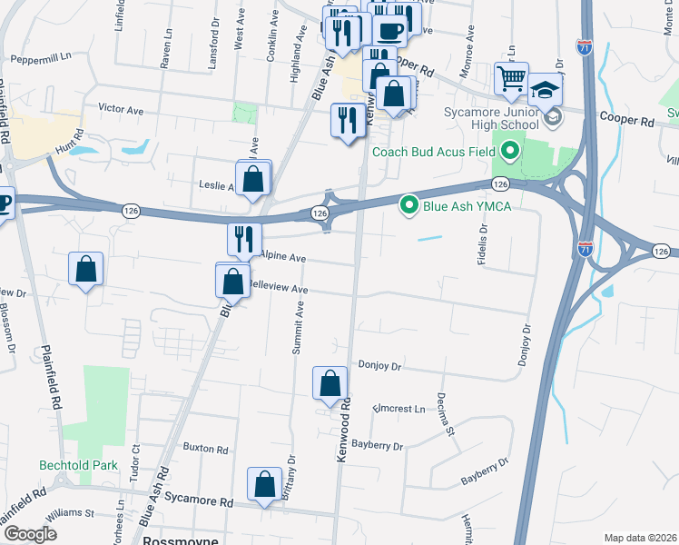 map of restaurants, bars, coffee shops, grocery stores, and more near 4790 Alpine Avenue in Cincinnati