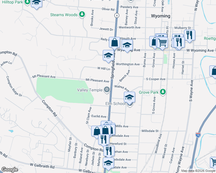 map of restaurants, bars, coffee shops, grocery stores, and more near 27 Mount Pleasant Avenue in Wyoming