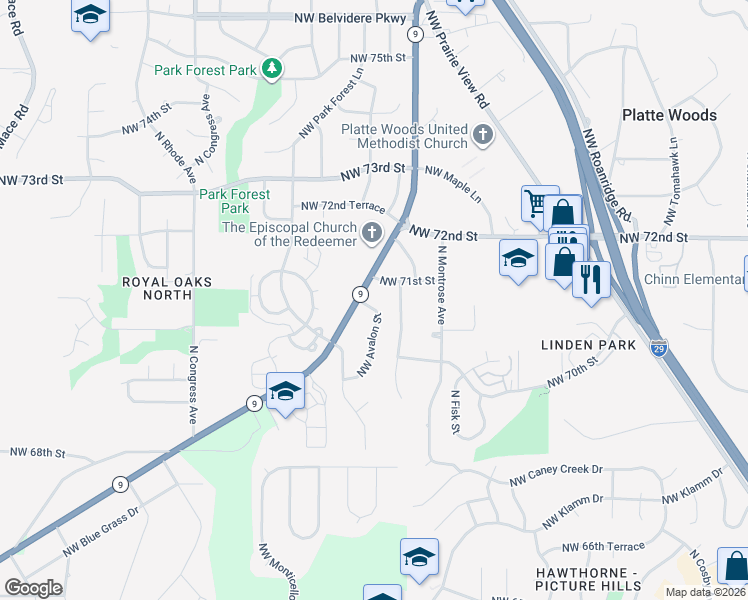 map of restaurants, bars, coffee shops, grocery stores, and more near 6821 Northwest 71st Street in Parkville