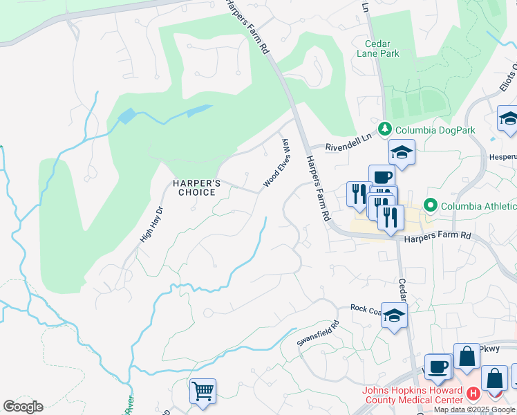map of restaurants, bars, coffee shops, grocery stores, and more near 11109 Wood Elves Way in Columbia