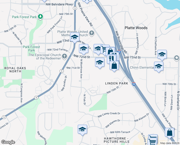map of restaurants, bars, coffee shops, grocery stores, and more near 7015 North Fisk Avenue in Kansas City