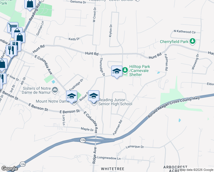 map of restaurants, bars, coffee shops, grocery stores, and more near 1262 Thurnridge Drive in Cincinnati