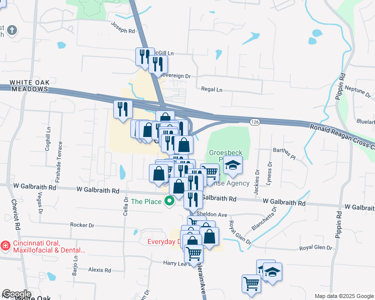 map of restaurants, bars, coffee shops, grocery stores, and more near 8340 Colerain Avenue in Cincinnati