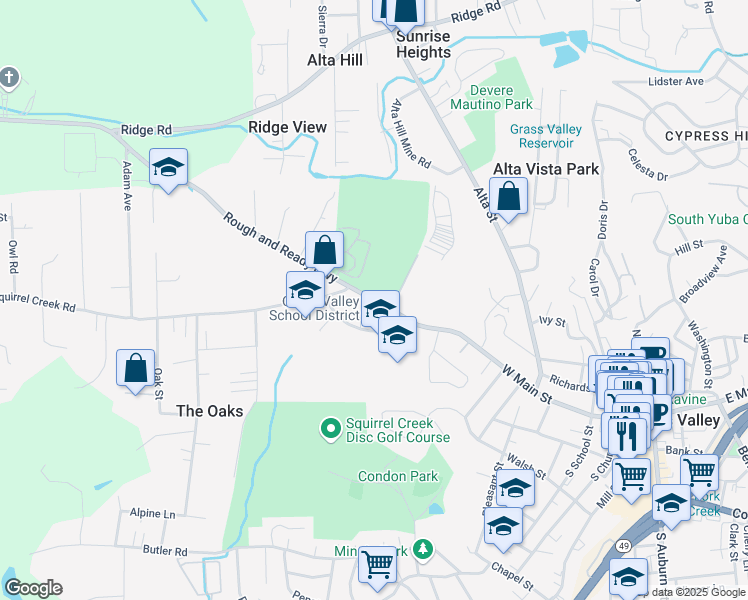map of restaurants, bars, coffee shops, grocery stores, and more near 10837 Rough and Ready Highway in Grass Valley