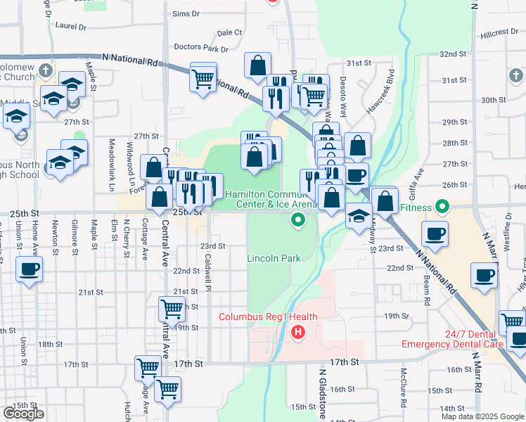 map of restaurants, bars, coffee shops, grocery stores, and more near 2394 25th Street in Columbus