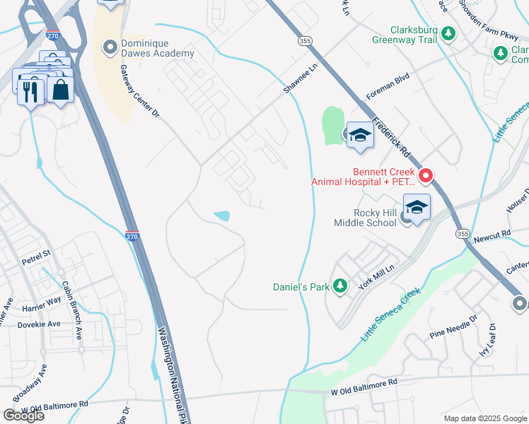 map of restaurants, bars, coffee shops, grocery stores, and more near 22404 Glenbow Way in Clarksburg
