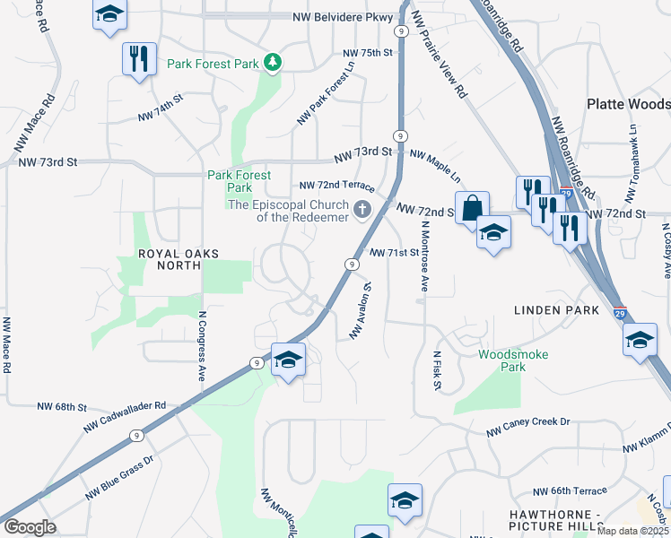 map of restaurants, bars, coffee shops, grocery stores, and more near 7018 Missouri 9 in Parkville