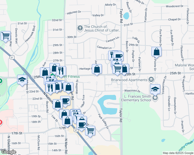 map of restaurants, bars, coffee shops, grocery stores, and more near 3623 East 25th Street in Columbus