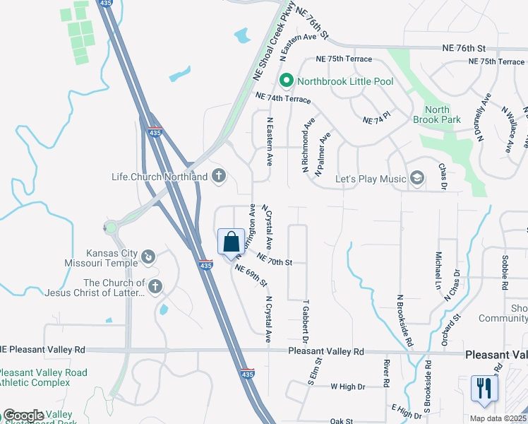 map of restaurants, bars, coffee shops, grocery stores, and more near 7131 North Crystal Avenue in Kansas City