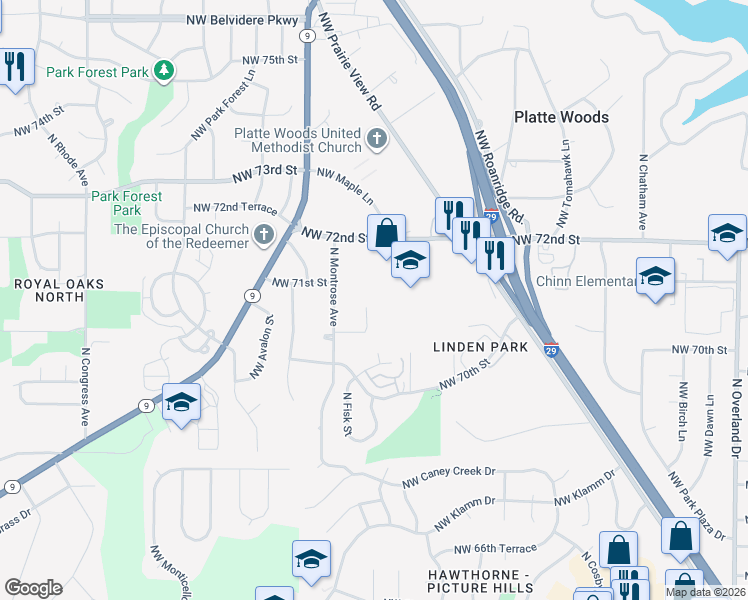 map of restaurants, bars, coffee shops, grocery stores, and more near 7015 North Fisk Avenue in Kansas City
