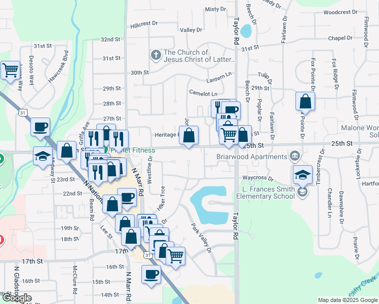 map of restaurants, bars, coffee shops, grocery stores, and more near 3623 East 25th Street in Columbus
