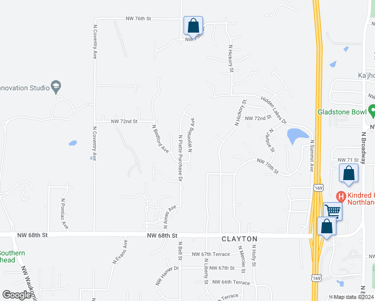 map of restaurants, bars, coffee shops, grocery stores, and more near 7116 North Wyoming Avenue in Kansas City