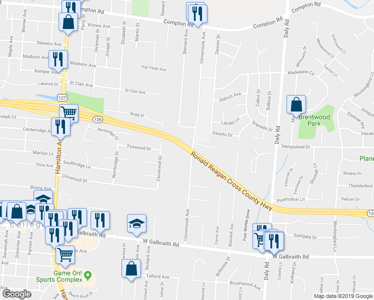map of restaurants, bars, coffee shops, grocery stores, and more near Ronald Reagan Cross County Highway in Cincinnati