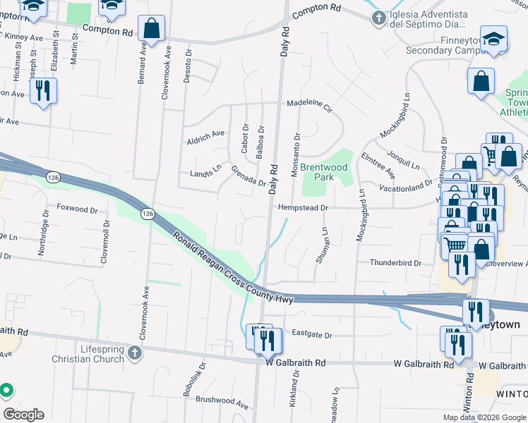 map of restaurants, bars, coffee shops, grocery stores, and more near 8664 Balboa Drive in Cincinnati