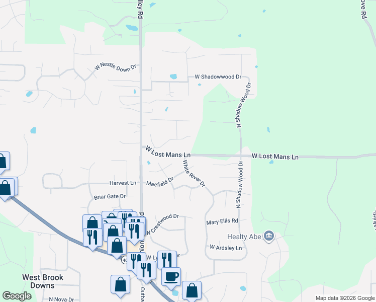 map of restaurants, bars, coffee shops, grocery stores, and more near 4290 West Lost Mans Lane in Bloomington
