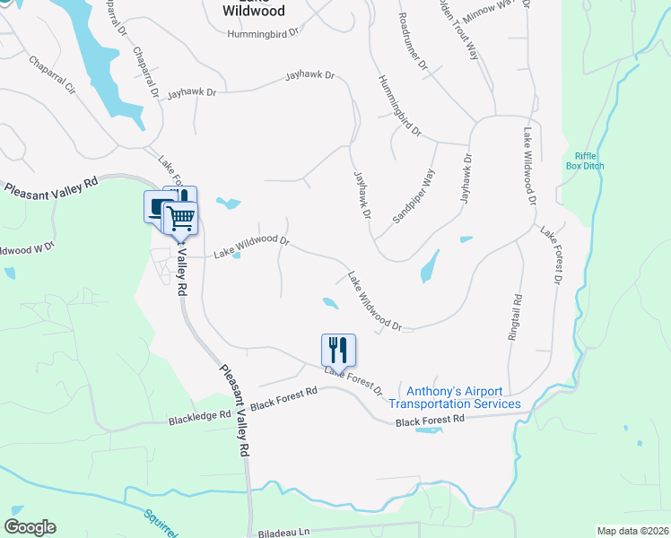 map of restaurants, bars, coffee shops, grocery stores, and more near 11653 Lake Wildwood Drive in Penn Valley
